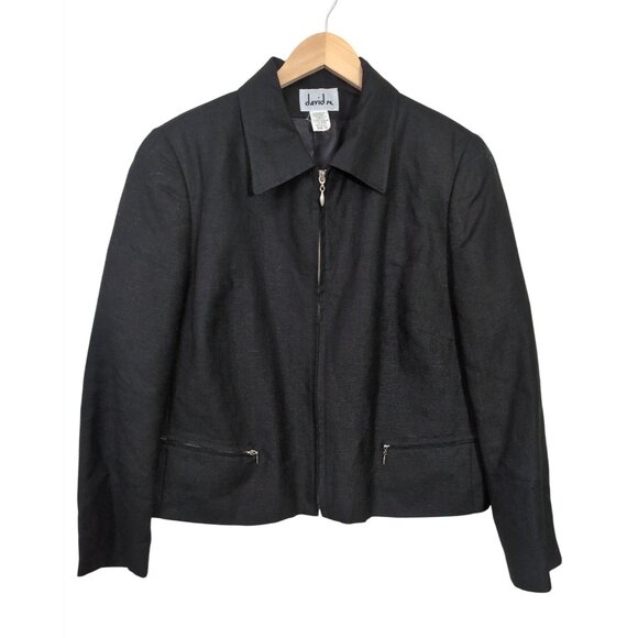 David N Linen Blend Jacket Womens 16 Black Full Zip Career Office Casual - Picture 1 of 6
